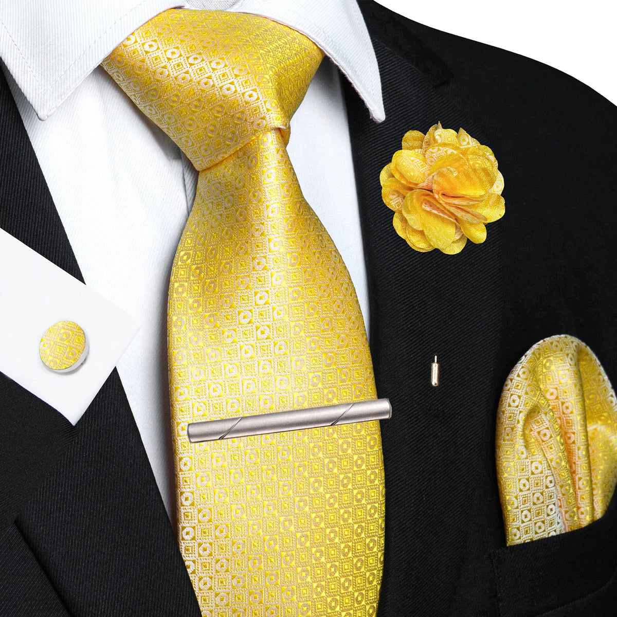 Men's Plaid Tie Clip Set with Pocket Square Cufflinks Wedding Accessories