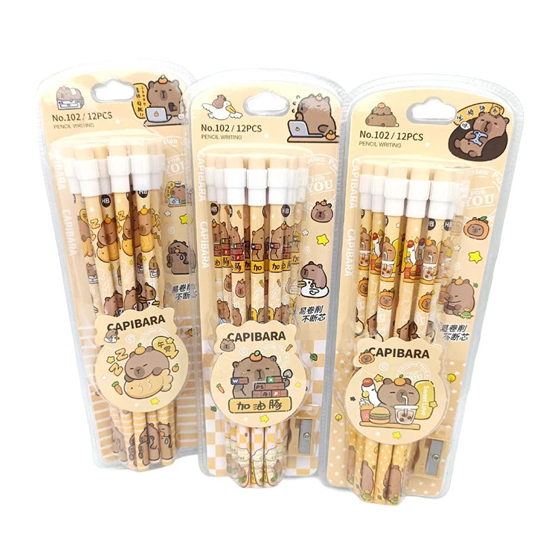 12Pcs Capybara Pencils Cute HB with Sharpener for School Stationery