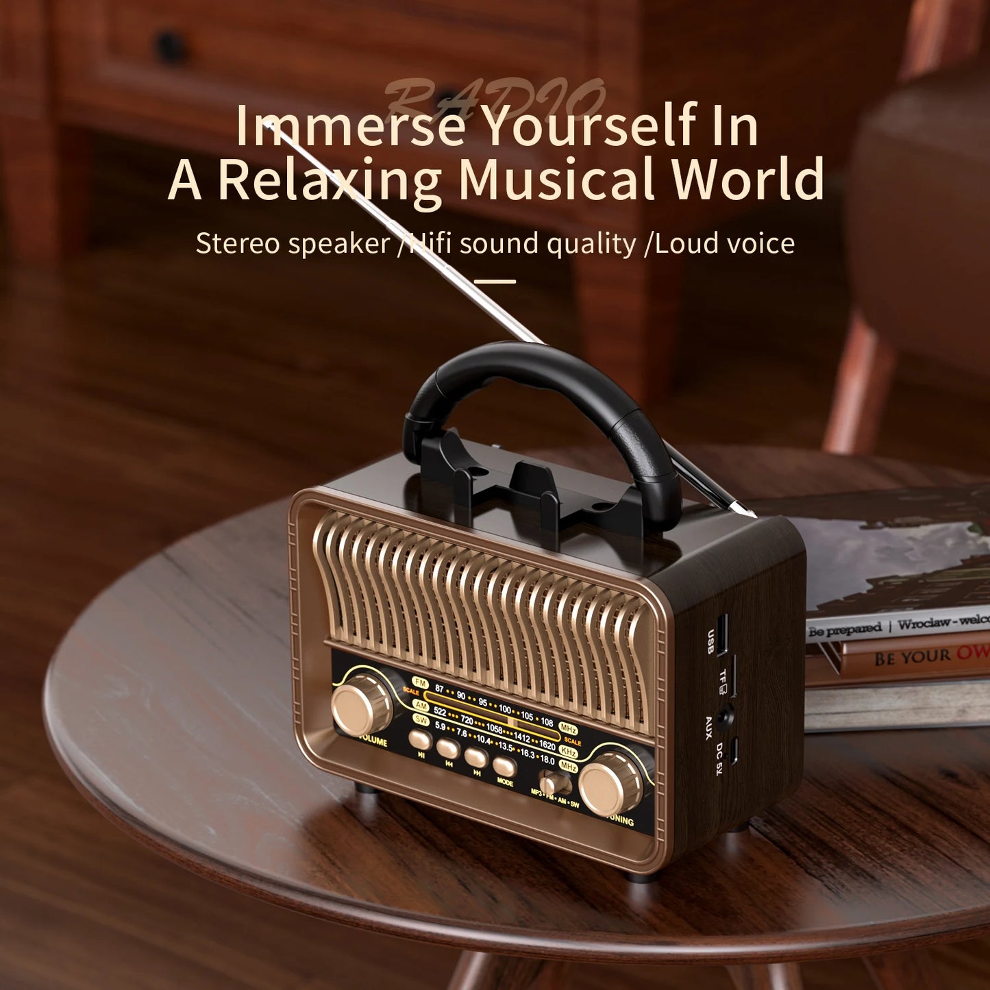 Rechargeable Battery Retro Portable Radio AM FM SW USB AUX for Home