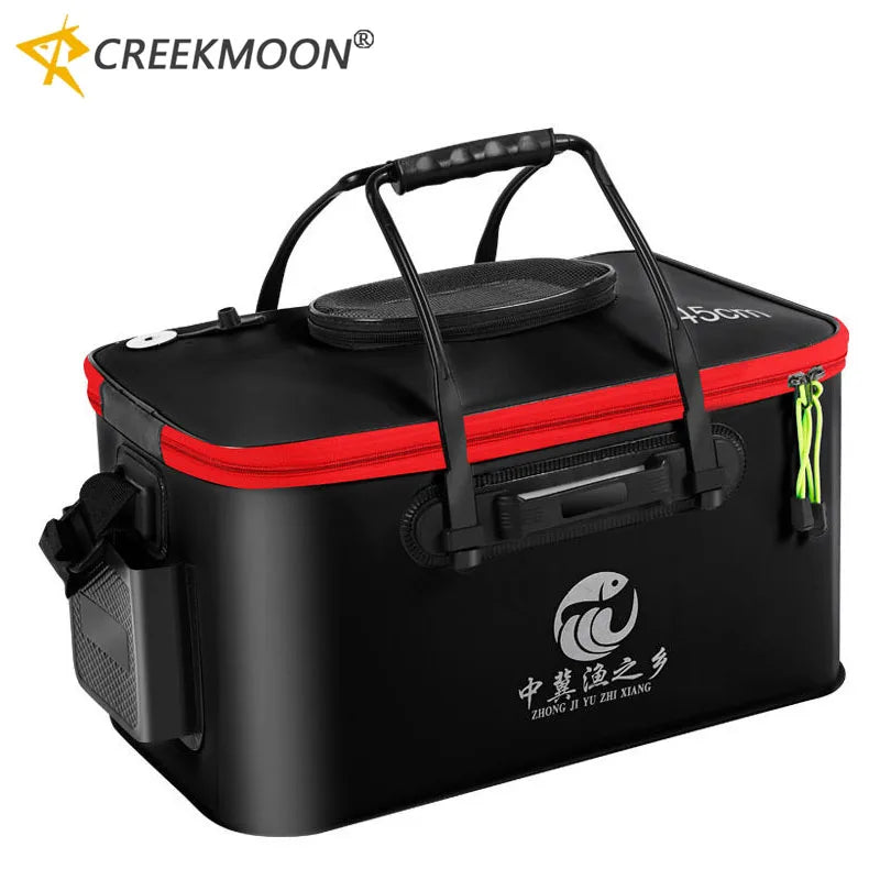 EVA Collapsible Live Fish Bucket Net Lid Side Pockets Fishing Water Tank