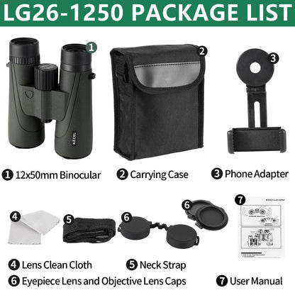 12x50 ED HD Binoculars IPX7 Waterproof BAK4 Prism Bird Watching Travel