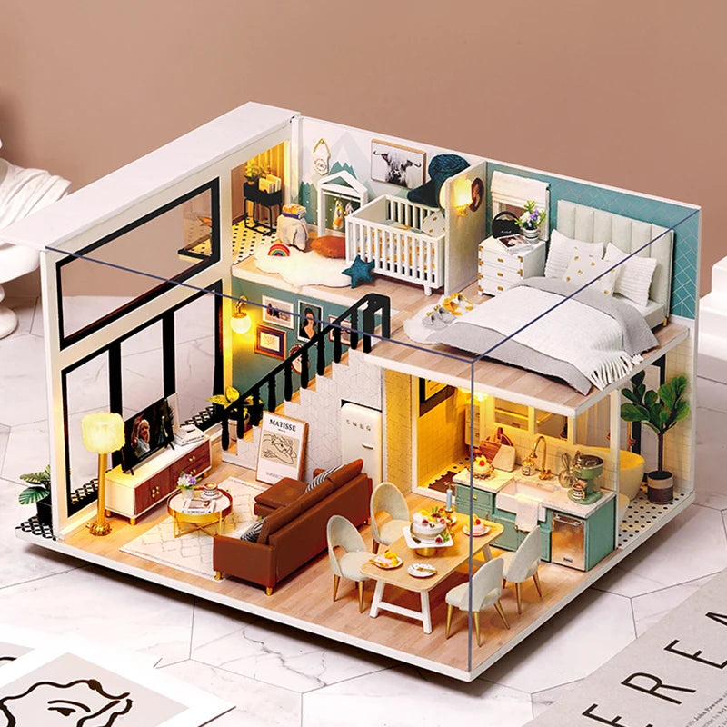Wooden Miniature Duplex Dollhouse DIY 3D Puzzle Kit with Furniture LED Decoration Gift - EXPROTAS