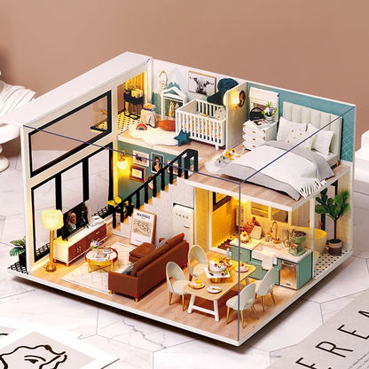 Wooden Miniature Duplex Dollhouse DIY 3D Puzzle Kit with Furniture LED Decoration Gift - EXPROTAS