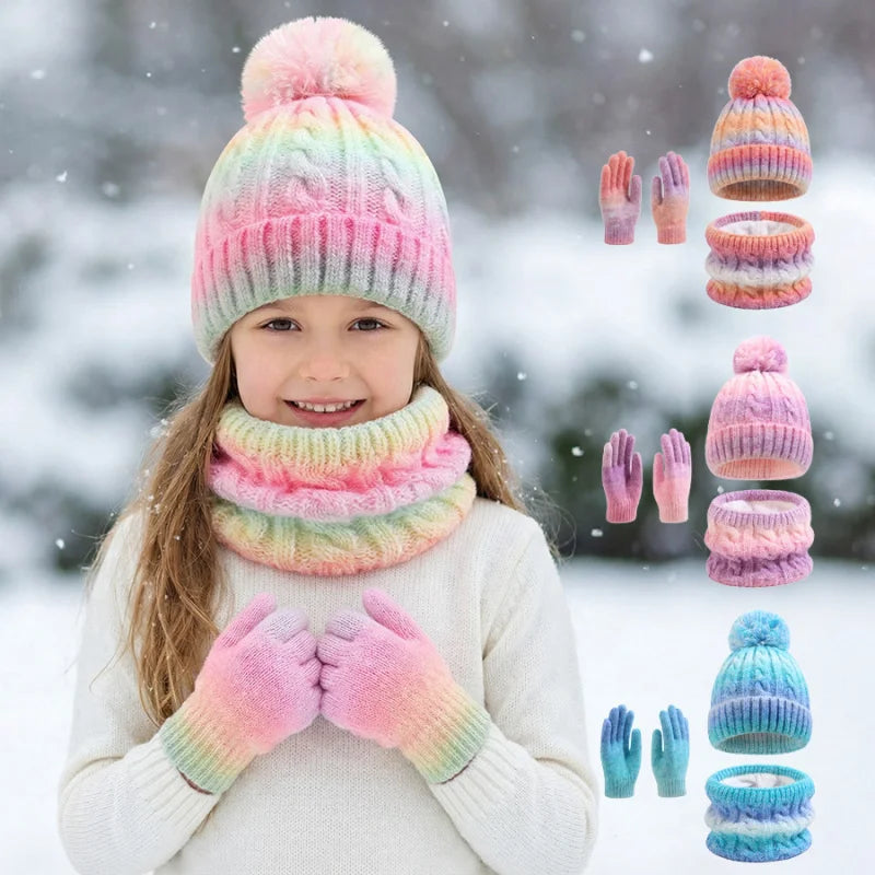 Kids Winter Hat Scarf Gloves 3Pcs Set Warm Knitted Beanie Pom