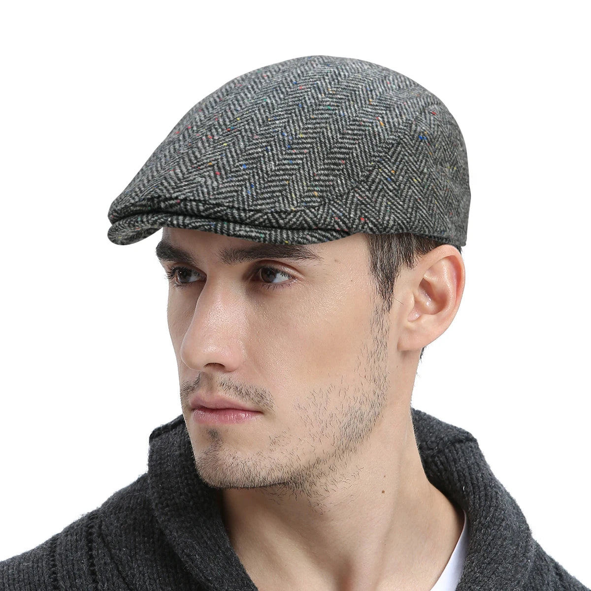 Men's Herringbone Newsboy Hat Wool Blend Flat Cap Gatsby Style