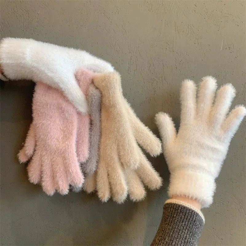 Warm Women Mink Velvet Finger Gloves Plush Five Finger Mittens Winter