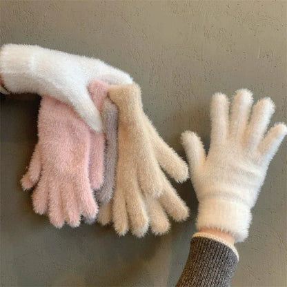 Warm Women Mink Velvet Finger Gloves Plush Five Finger Mittens Winter