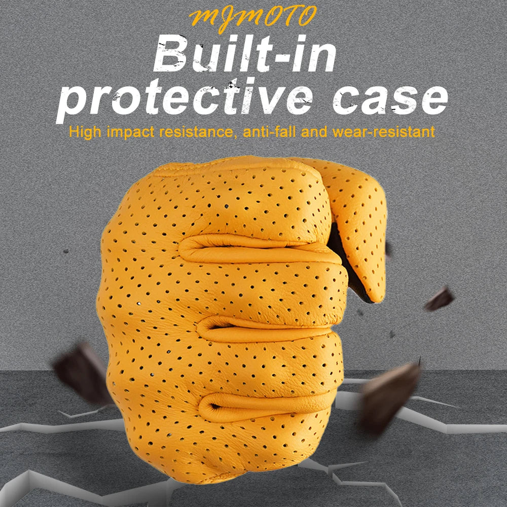Retro Yellow Leather Motorcycle Gloves Men Women Breathable Perforated Motorbike Racing Gloves Touch Screen Motocross Moto Glove-EXPROTAS