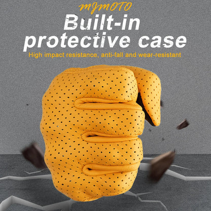 Retro Yellow Leather Motorcycle Gloves Men Women Breathable Perforated Motorbike Racing Gloves Touch Screen Motocross Moto Glove-EXPROTAS