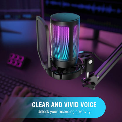 FIFINE Ampligame A6V USB Condenser Gaming Microphone with Pop Filter Shock Mount Gain Control for PC PS4 PS5 Mac