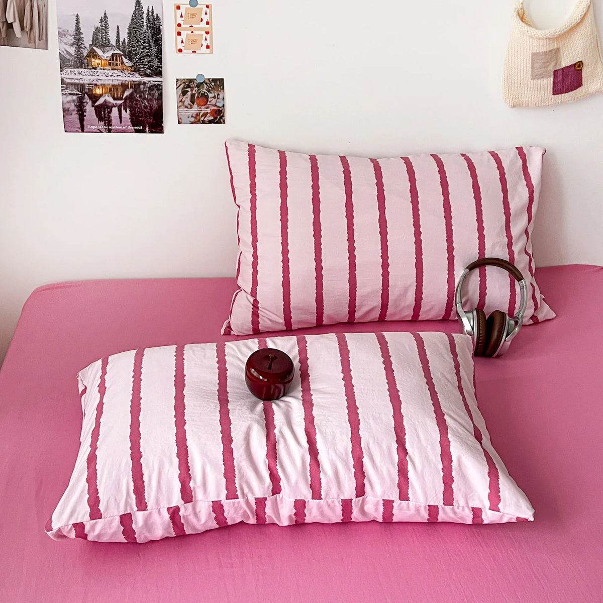 3pcs Pink Striped Duvet Cover Bedding Set with Pillowcases Soft Cotton 150x200cm
