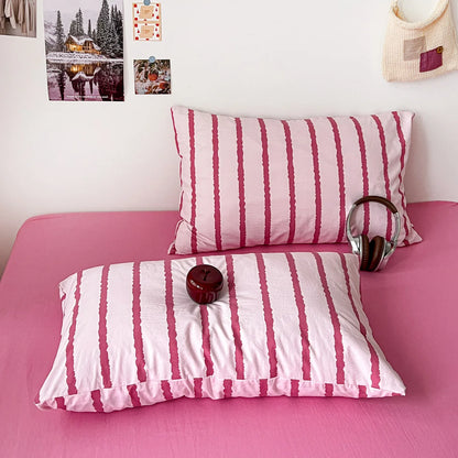 3pcs Pink Striped Duvet Cover Bedding Set with Pillowcases Soft Cotton 150x200cm