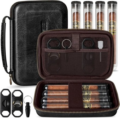 Leather Cigar Case Portable Travel Bag with 4 Tubes and Accessories