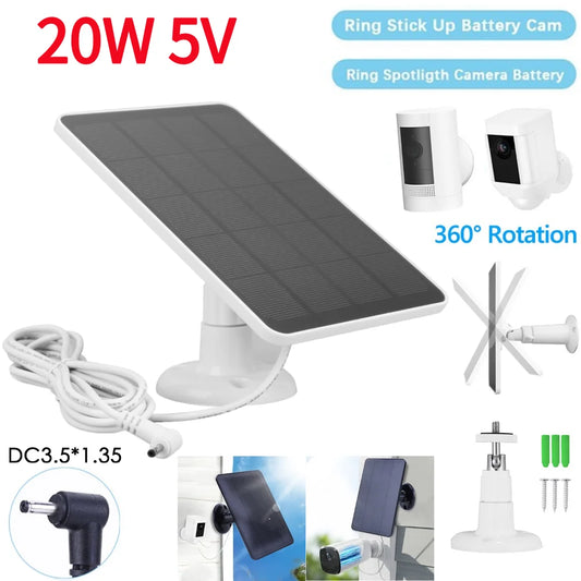 20W 5V Solar Panel Charger for Ring Spotlight/Stick Up Cam 3.5x1.35mm