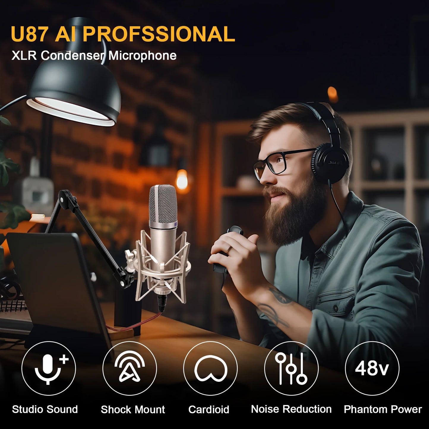 U87 AI XLR Condenser Microphone Professional Cardioid Studio Mic for Recording Podcasting Voice Over Streaming Home Studio-EXPROTAS