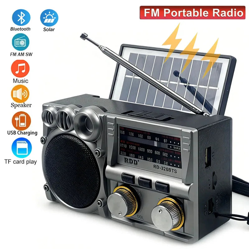 Portable Bluetooth Speaker Solar FM AM SW Radio Rechargeable Player
