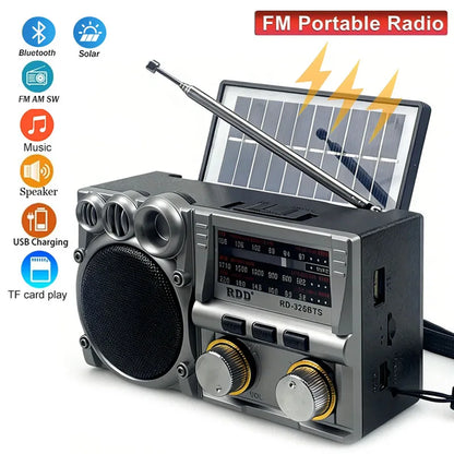 Portable Bluetooth Speaker Solar FM AM SW Radio Rechargeable Player