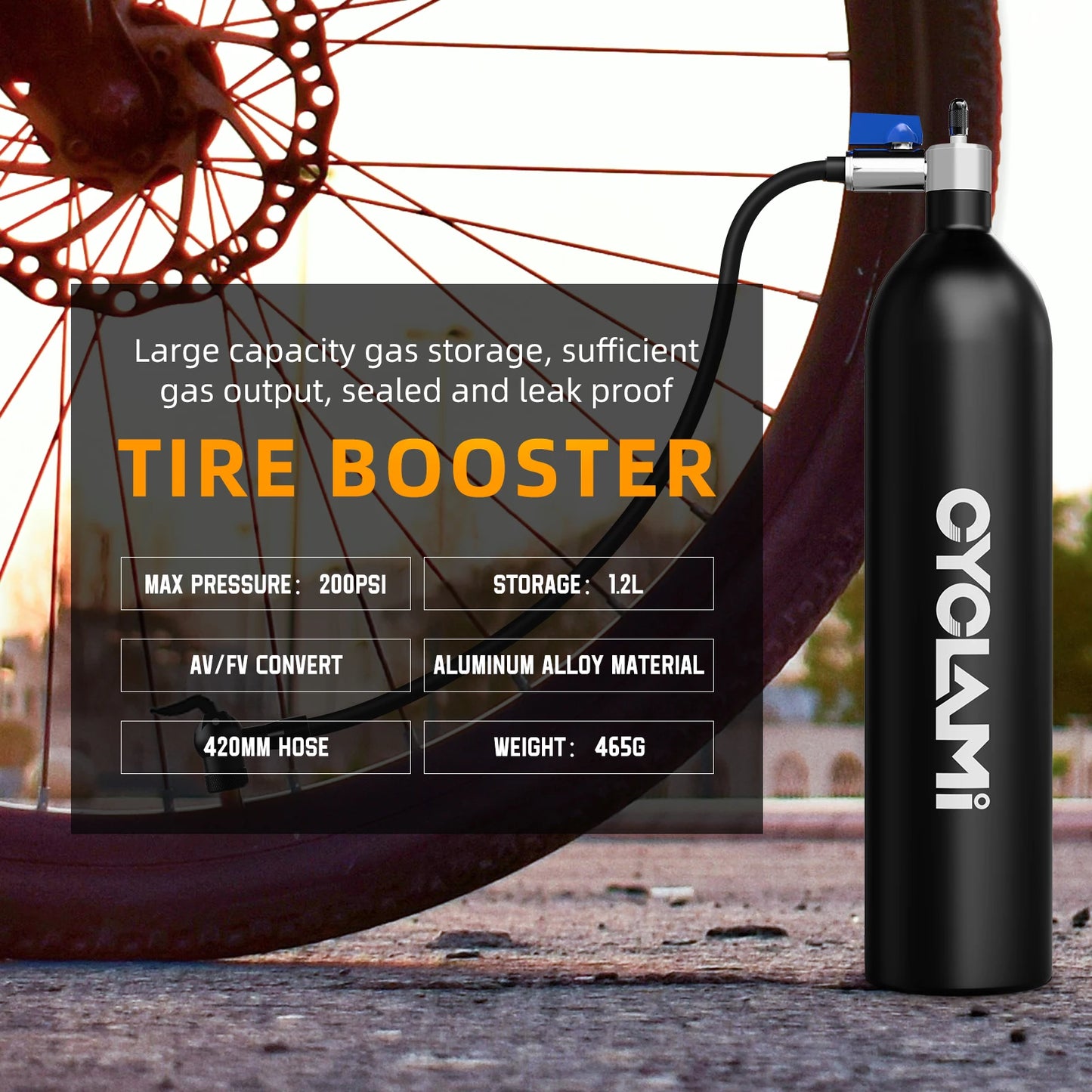 CYCLAMI Aluminum Alloy 1.2L MTB Road Inflator Tyre Air bottle Tire Booster With Valve Gas Cylinder For Bike Vacuum Tubeless Tire-EXPROTAS