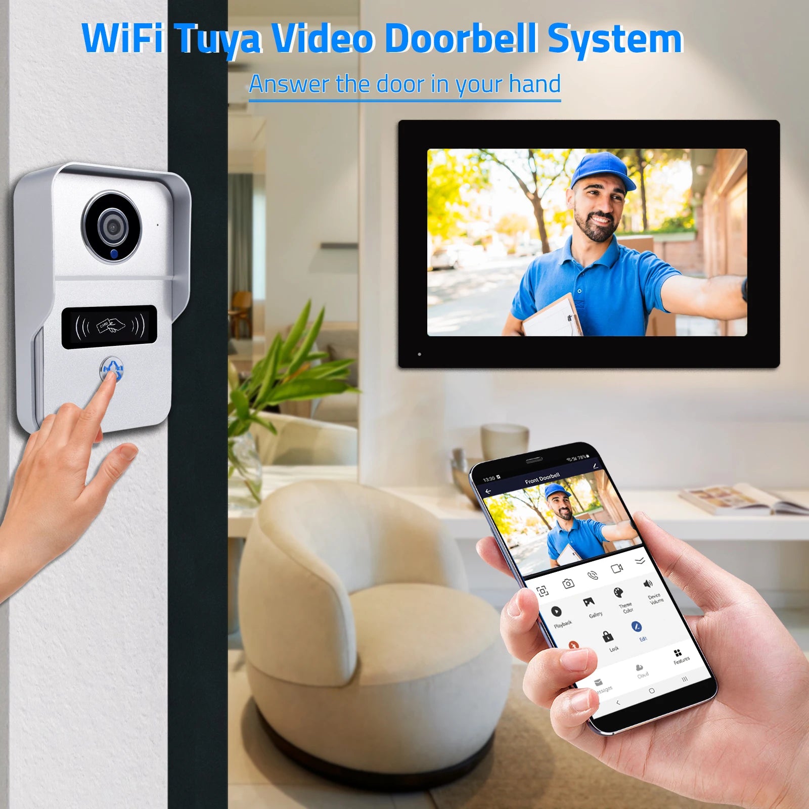 Wireless Wifi Video Doorbell System, 1080P Doorphone Door Camera, 7 Inch Touch Screen, Video Intercom 32GB SD card for Home-EXPROTAS