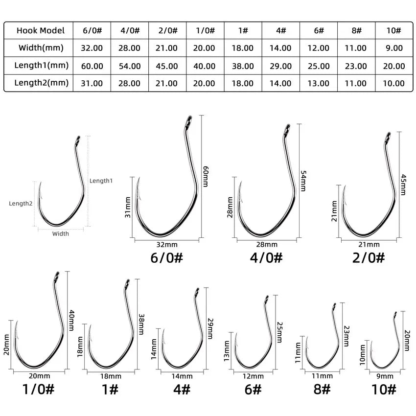 10Pcs Fishing Hooks Barbed Carbon Steel Circle Hook 6/0-10 Catfish Tackle
