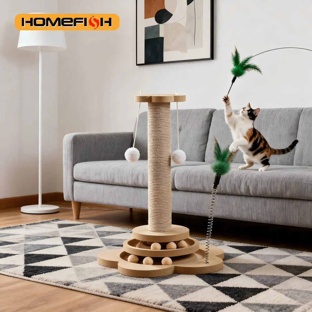 Pet Cat Toy Turntable Solid Wood Sisal Balls Funny Scratching Furniture