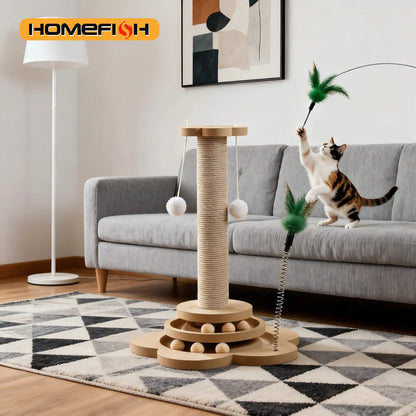 Pet Cat Toy Turntable Solid Wood Sisal Balls Funny Scratching Furniture