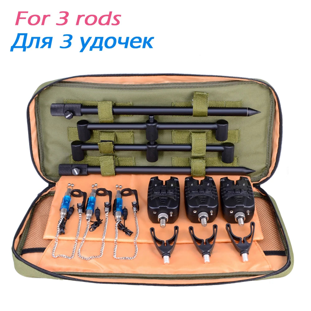 Carp Fishing Bite Alarm Set w/ Swingers Rod Pod Bank Stick Buzz Bar Kit