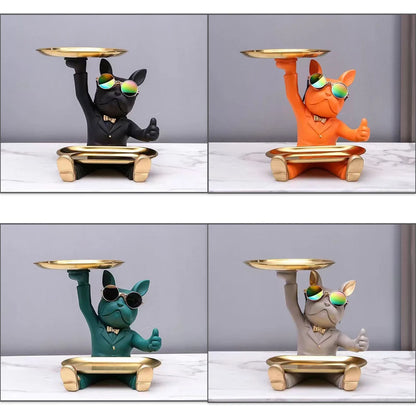 Resin French Bulldog Tray Statue Cool Dog Storage Bowl Home Office Desk Decor