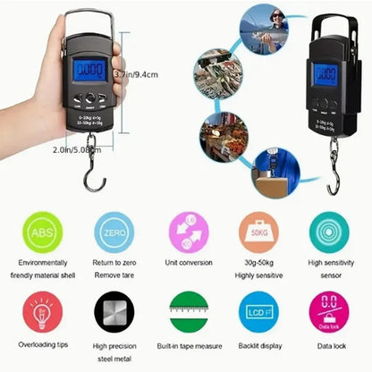 50kg/10g Portable LCD Hanging Scale w/ 100cm Tape for Travel & Luggage