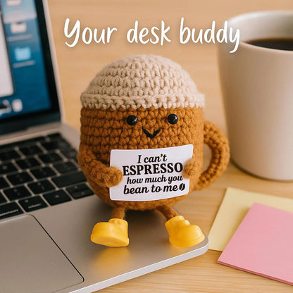 Funny Crochet Emotional Support Coffee Doll Handmade Desk Ornament Gift