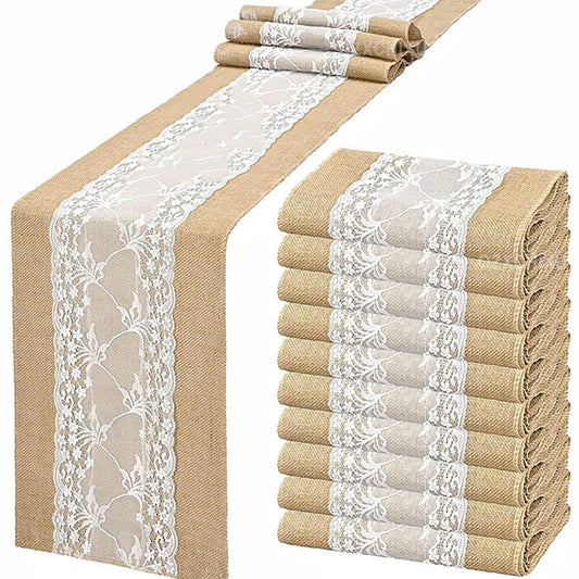 10 PCS 30x275cm Vintage Natural Jute Lace Burlap Hessian Table Runners For Country Wedding Event Party Dining Table Decorations-EXPROTAS
