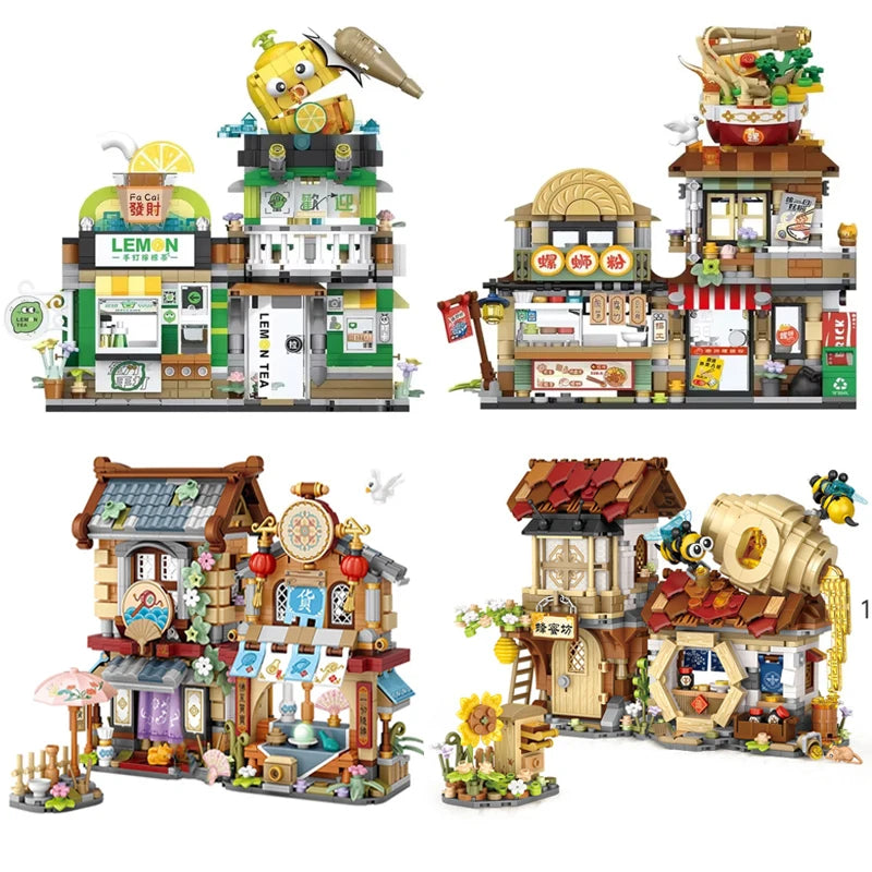 Mini Foldable City Street View Building Blocks Lemon Tea Shop Model Toy Gift