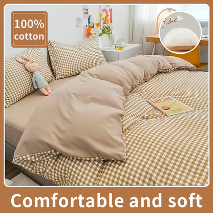 Cotton Duvet Cover 100% Cotton Bedding Set with Plaid Stripe 1 Duvet 2