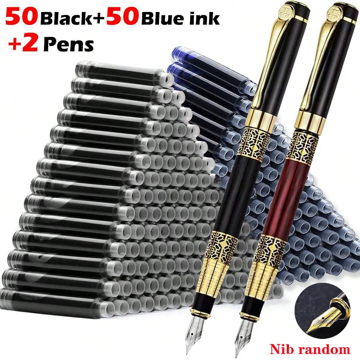 1-100Pcs Retro Metal Fountain Pen Replaceable Ink Elegant Writing Supplies