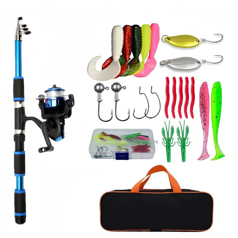 Spinning Reel Fishing Rod Telescopic Full Combo Set with Baits Hooks Travel
