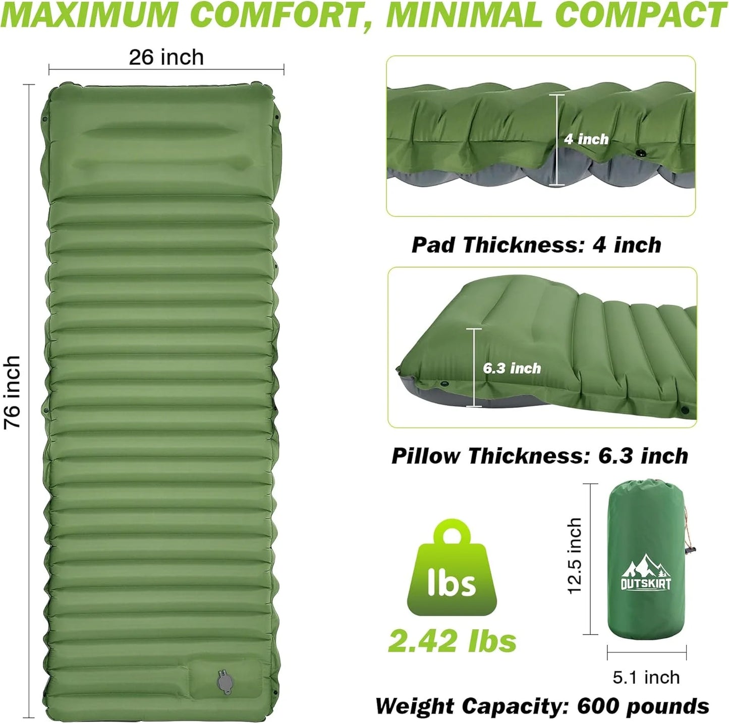 Extra Thick Camping Sleeping Pad 4 Inch Self-Inflating Outdoor Mat