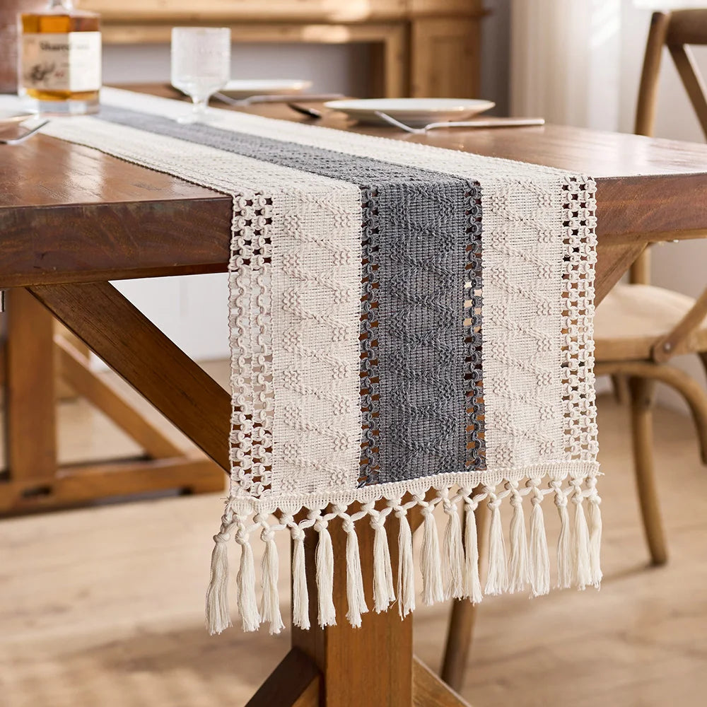Boho Table Runner Macrame Cream Brown Tassels Farmhouse Home Decor