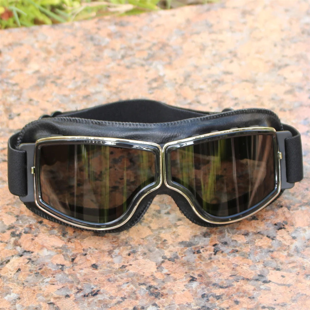 Vintage Motorcycle Leather Goggles Folding Cruiser Motocross Riding Safety Glasses