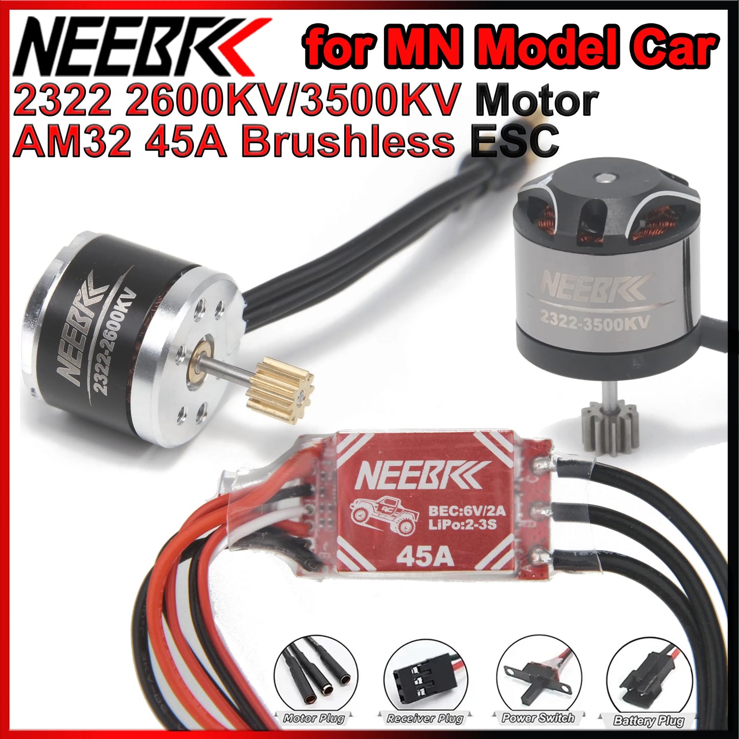 For 1/12 RC Brushless Motor 2600KV 3500KV 45A ESC Waterproof Outrunner Parts