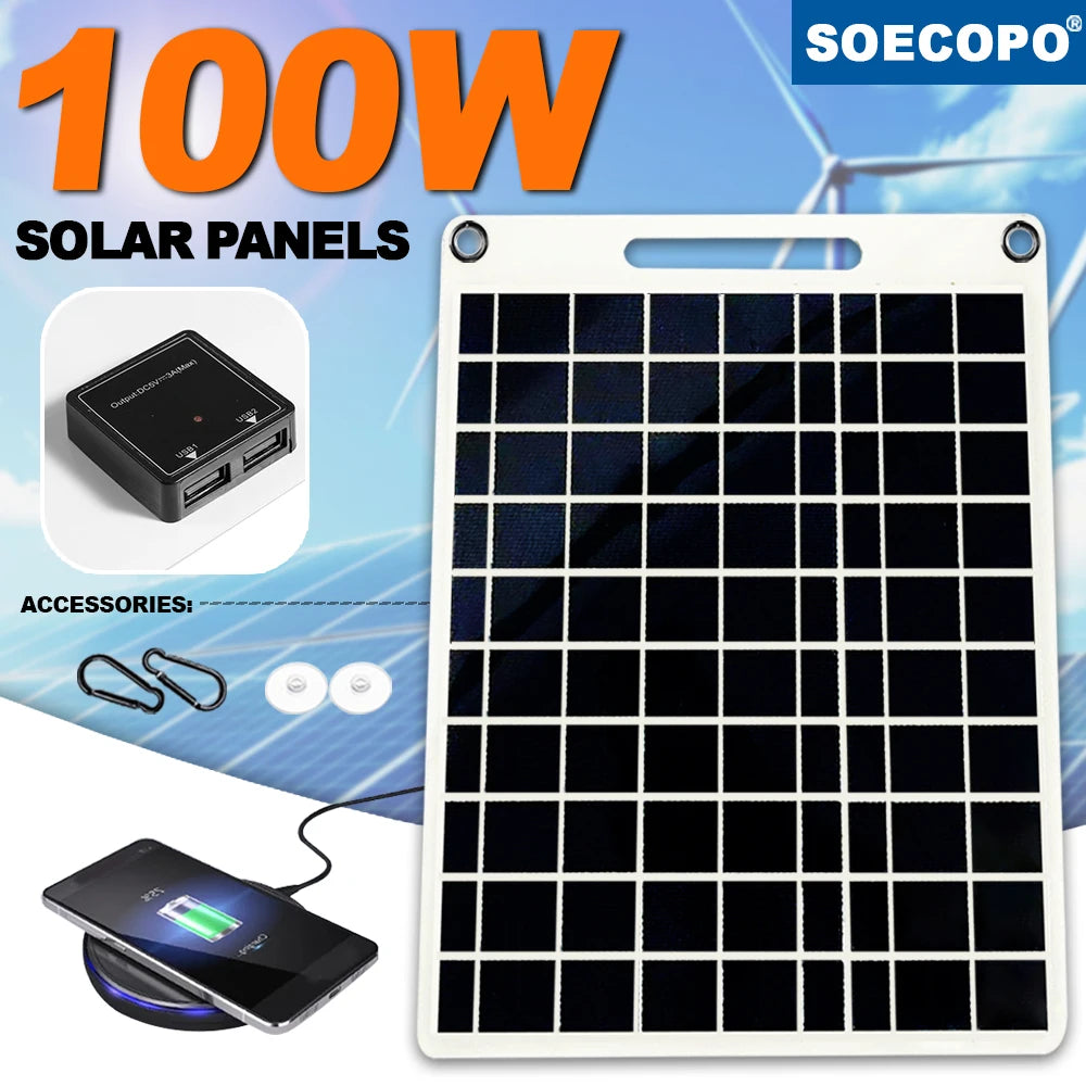 Portable 100W Solar Charger Dual USB Waterproof Panel for Camping Hiking