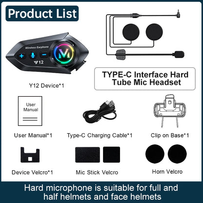 Y12 Motorcycle Helmet Bluetooth Headset Dual Mic FM Radio Waterproof Speaker