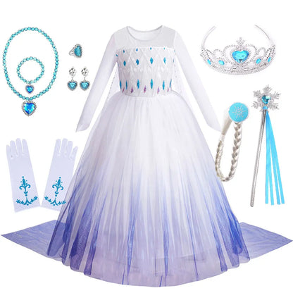 Disney Kids Frozen Birthday Party Princess Dress White Elsa Sequined Mesh Vestidos Halloween Cosplay Snow Queen Carnival Costume-EXPROTAS