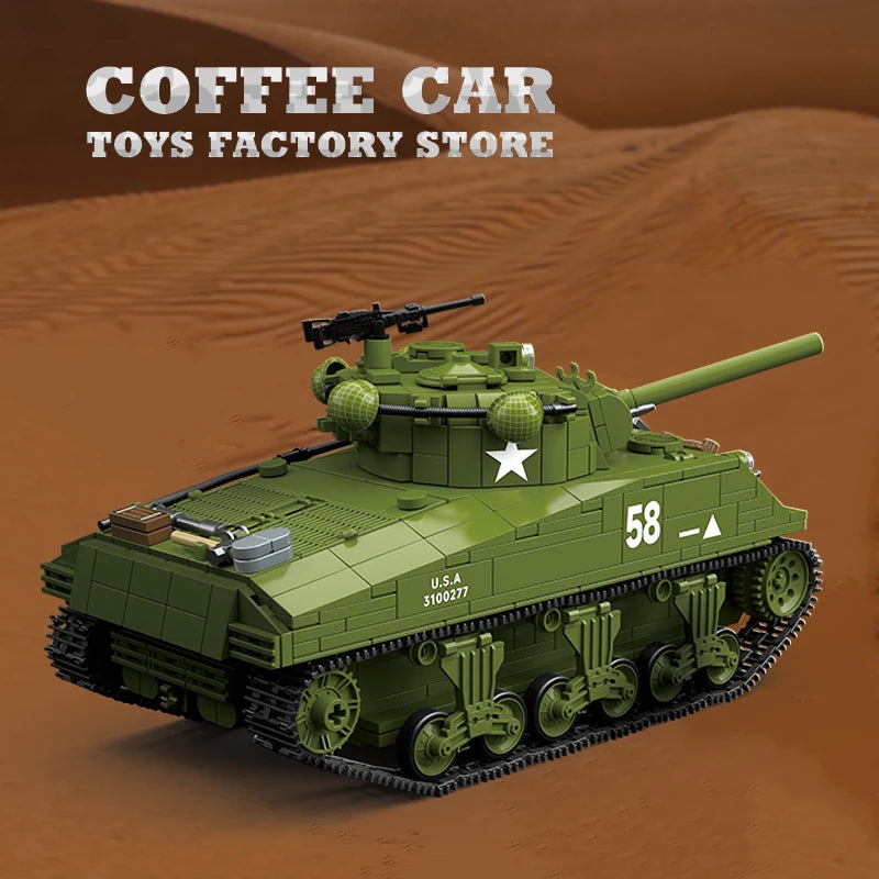 M4A3 Medium Tank Building Blocks T34/76 Armored Car WW2 Military Model Toy Gift