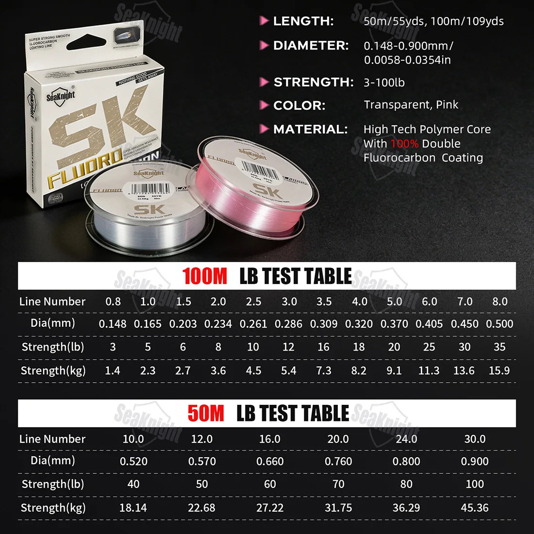 SeaKnight Fishing Line 100M/50M Fluorocarbon 3-100LB Strong Sinking Line