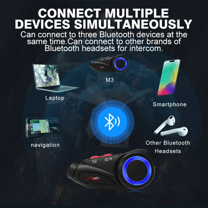 Maxto M3S Motorcycle Helmet Bluetooth Intercom 1440p DVR WiFi Camera Headset