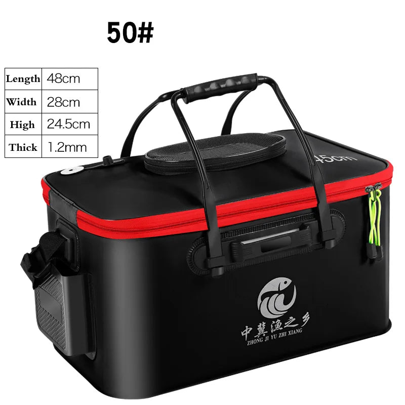 EVA Collapsible Live Fish Bucket Net Lid Side Pockets Fishing Water Tank