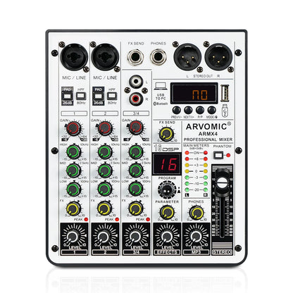 4-Channel Audio Mixer, ARVOMIC DJ Mixer with USB Audio Interface, Bluetooth Function, 16 DSP Effects, and 3-Band EQ (ARMX-4)-EXPROTAS
