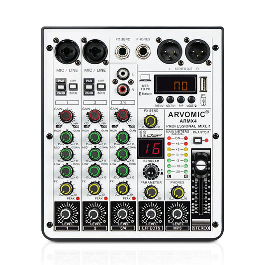 4-Channel Audio Mixer, ARVOMIC DJ Mixer with USB Audio Interface, Bluetooth Function, 16 DSP Effects, and 3-Band EQ (ARMX-4)-EXPROTAS