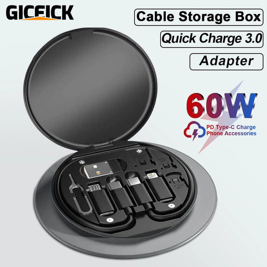 PD 60W USB Type-C Data Cable Set Fast Charging Charger Storage Box Travel Adapter