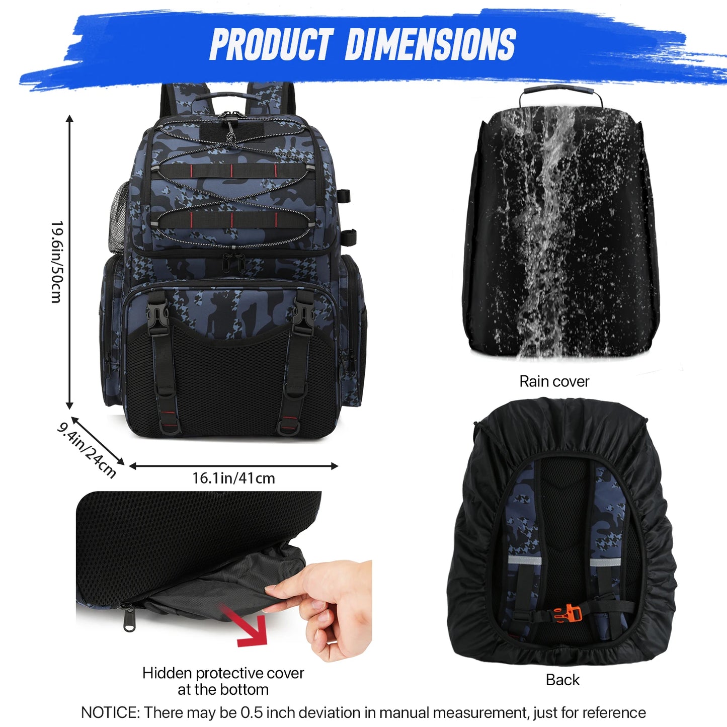 Fishing Tackle Bag 45L Backpack with Cooler & Rod Holders Waterproof Gear